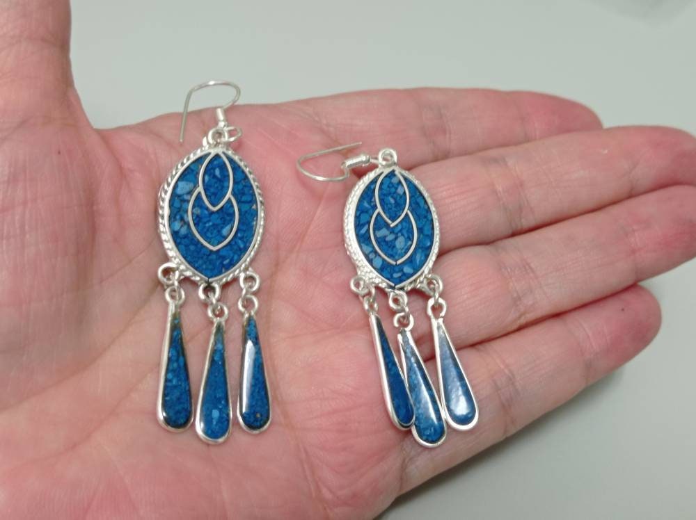 Turquoise inlay oval earrings, Mexican tassel earrings, Silver plated earrings, Hook earrings, geometric  chimal earrings