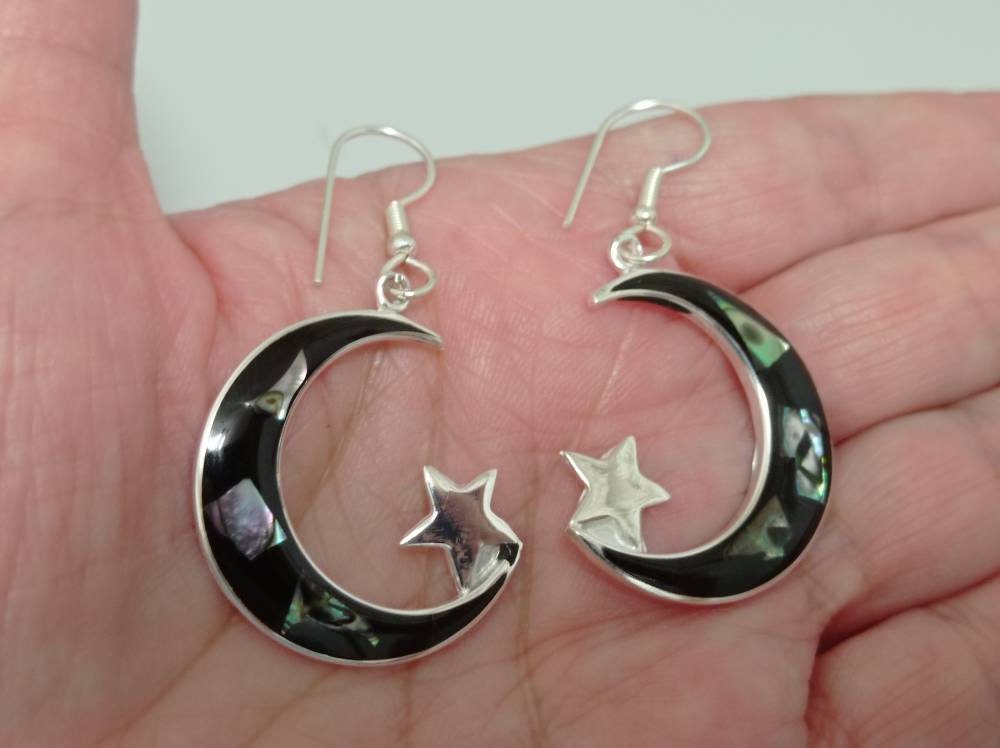 Black moon and star  earrings with abalone inlay, Mexican earrings, Silver plated earrings, Hook cosmic earrings,planet earrings.