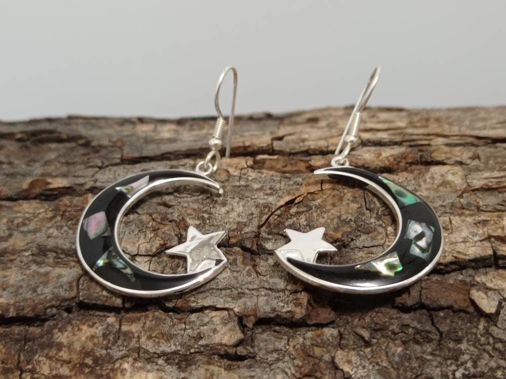 Black moon and star  earrings with abalone inlay, Mexican earrings, Silver plated earrings, Hook cosmic earrings,planet earrings.