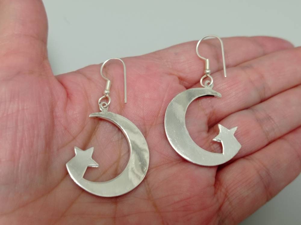 Black moon and star  earrings with abalone inlay, Mexican earrings, Silver plated earrings, Hook cosmic earrings,planet earrings.