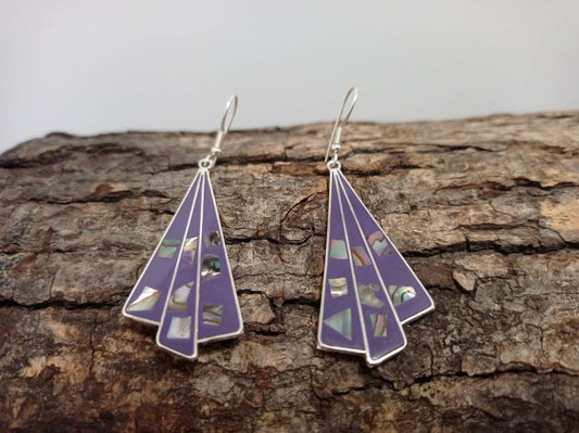 Purple fan earrings , abalone inlay earrings , Mexican dangle earrings, Silver plated earrings, Hook art deco earrings