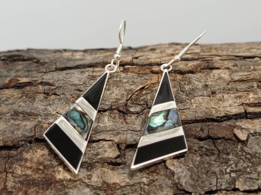 Art deco abalone inlay black triangle earrings, Mexican earrings, Silver plated earrings, Hook chandelier  earrings, geometric jewelry