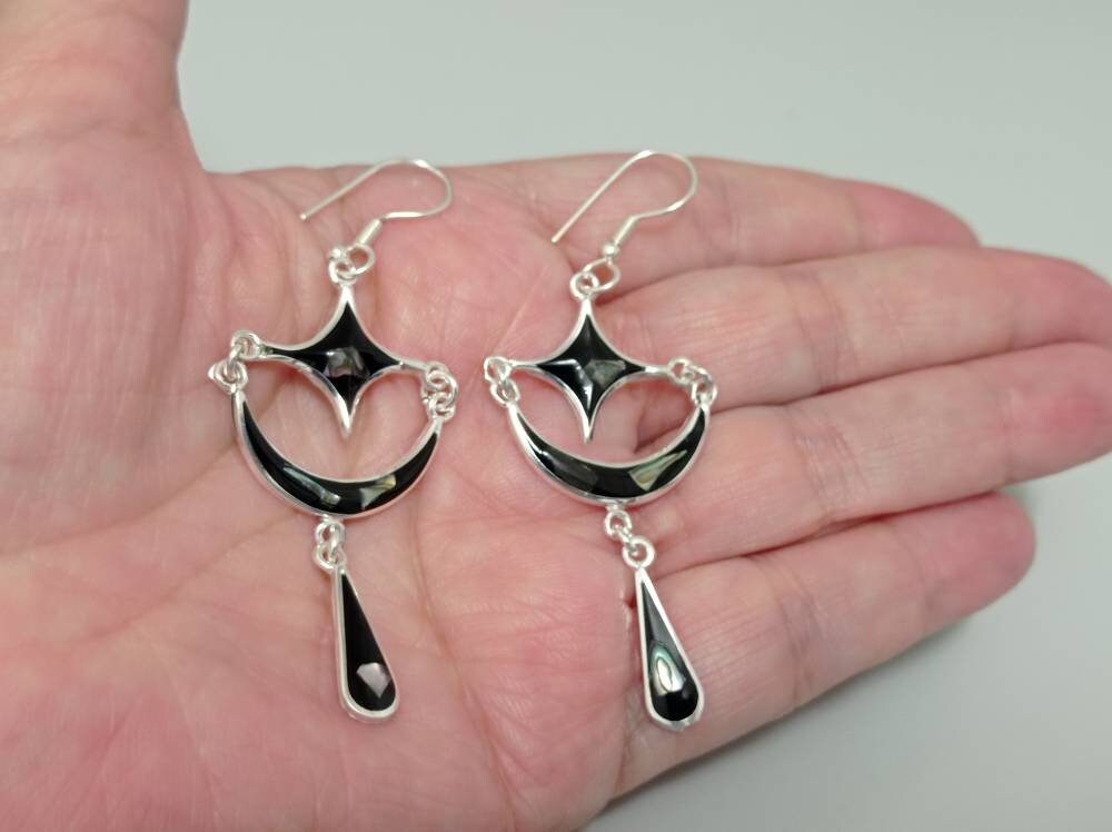 Moon and star abalone earrings, Mexican earrings, Silver plated earring, Hook black earrings,cosmic earrings,planet jewelry