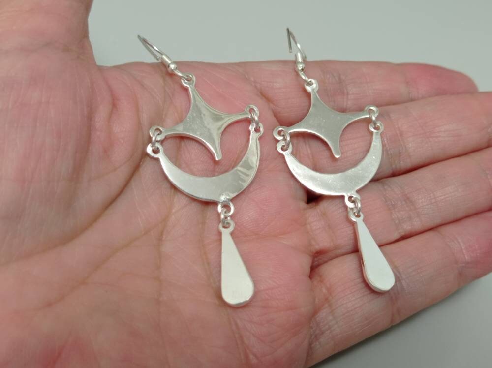 Moon and star abalone earrings, Mexican earrings, Silver plated earring, Hook blue earrings,cosmic earrings,planet jewelry