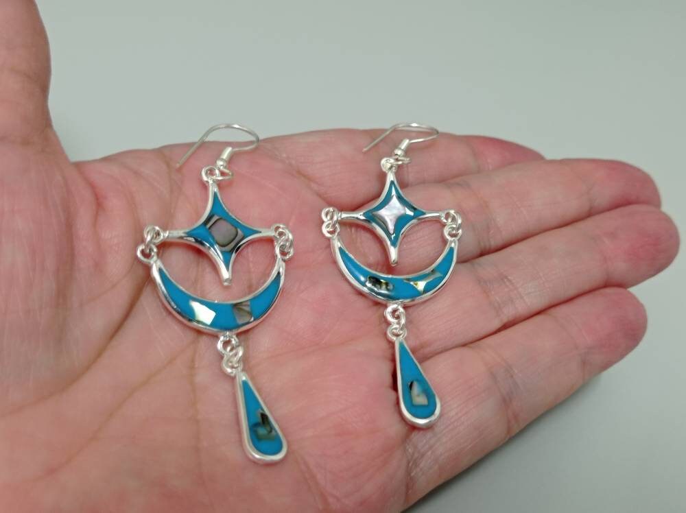 Moon and star abalone earrings, Mexican earrings, Silver plated earring, Hook blue earrings,cosmic earrings,planet jewelry