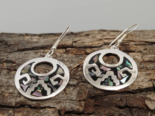 Mexican silver plated azteca hoop abalone earrings,black geometric jewelry,Bohochic jewelry, Ethnic earrings,aztec calendar design earrings