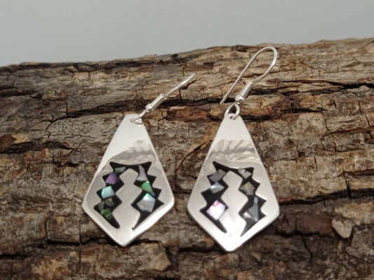 Mexican silver plated azteca  abalone inlay black  earrings,black geometric jewelry,Bohochic jewelry, Ethnic rhombus earrings