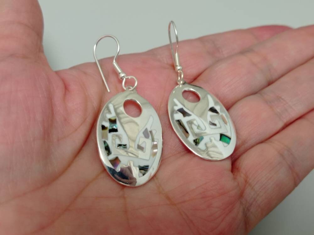 Handmade abalone inlay white enamel mexican earrings, Silver plated aztec earrings, Hoop earrings, geometric Bohochic jewelry,