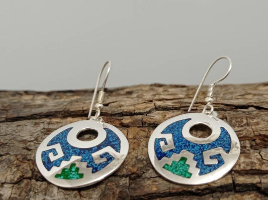 Silver plated mexican  hoop crushed turquoise and malachite earrings,green and blue geometric jewelry,aztec calendar design earrings