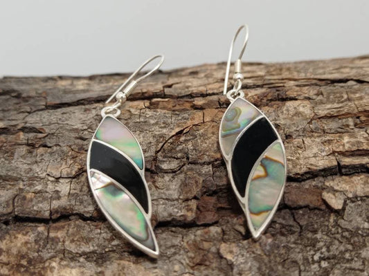 Art deco abalone and black enamel effect resin mexican earrings,Silver plated wings earrings, geometric jewelry, azteca bkack earrings