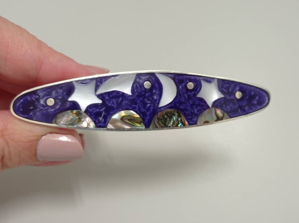 Nacre moon,star and kite hair barrette,celestial purple french hair clip, Silver plated planet slide