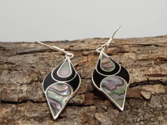 Art deco abalone and black enamel effect resin mexican earrings,Silver plated earrings, Hook earrings, geometric jewelry, azteca earrings