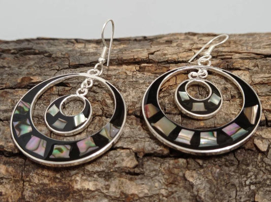 Abalone inlay with black enamel effect resin double  hoop earrings, Mexican earrings, Silver plated earrings ,geometric art deco earrings