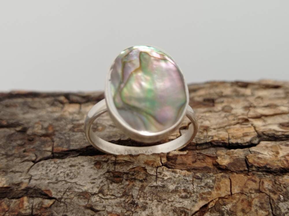 Oval abalone mexican ring ,Silver plated  ring,iridescent ring,geometric ring,mexican ring