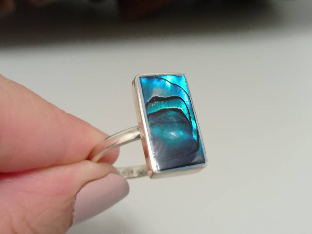 Blue rectangle  abalone mexican ring ,Silver plated  ring,iridescent ring,geometric ring,mexican ring