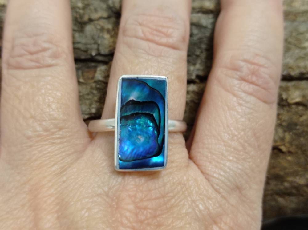 Blue rectangle  abalone mexican ring ,Silver plated  ring,iridescent ring,geometric ring,mexican ring