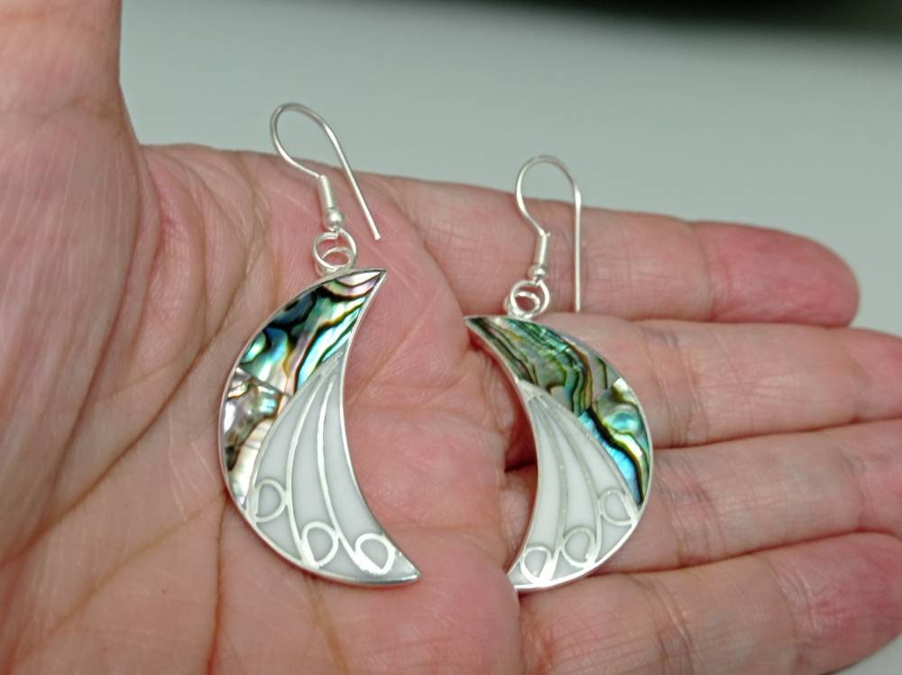 Handmade art deco style abalone crecent moon with white enamel effect resin  earrings,Silver plated planet earrings,Hook  celestial earrings