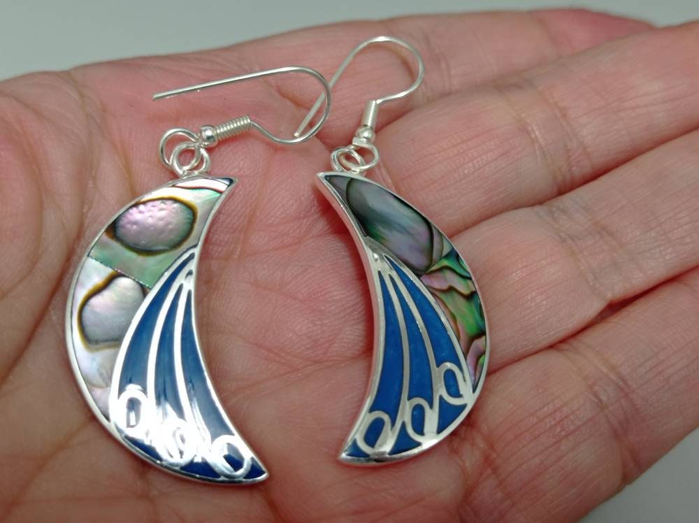 Handmade art deco style abalone crecent moon earrings , blue enamel effect resin mexican  earrings,Silver plated planet dangle earrings