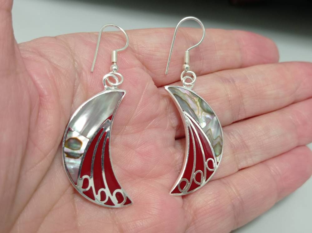 Handmade art deco style abalone crecent moon by earring , red enamel effect resin celestial earrings ,Silver plated planet dangle earrings,