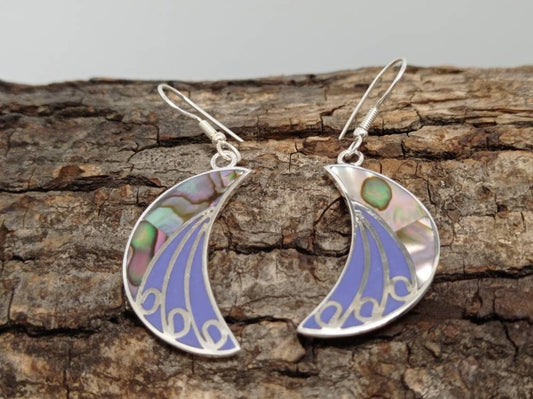 Handmade art deco  abalone crecent moon earrings, purple enamel effect resin  earrings,Silver plated planet earrings,Hook celestial earrings