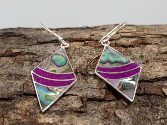 Art deco abalone shell and Bougainvillea enamel effect resin mexican rhombus earrings,Silver plated hook earrings, geometric earrings