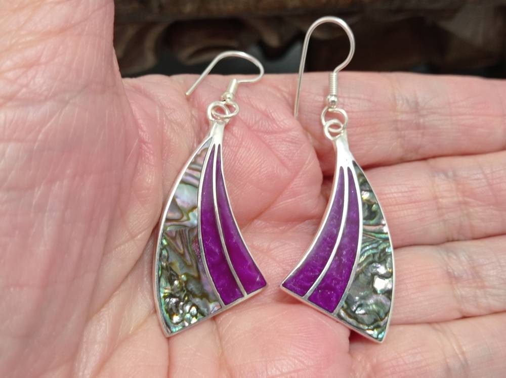 Art deco abalone shell and Bougainvillea enamel effect resin mexican earrings,Silver plated hook earrings, geometric earrings