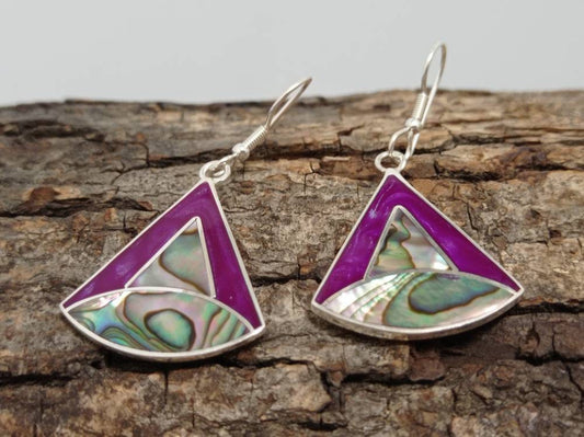 Art deco abalone shell and Bougainvillea enamel effect resin mexican triangle earrings,Silver plated hook earrings, geometric earrings