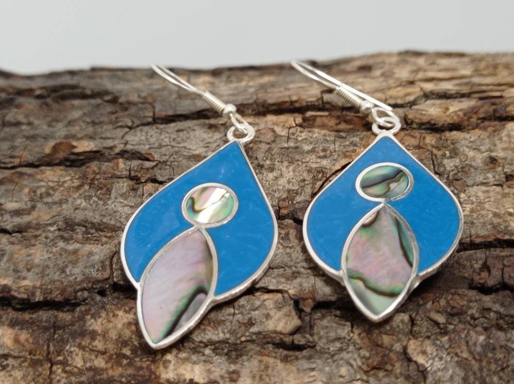 Art deco abalone shell and blue enamel effect resin mexican geometric  earrings,Silver plated hook earrings,  blue drop earrings