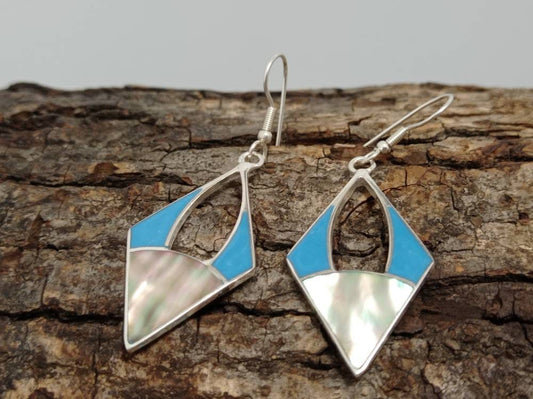 Art deco abalone shell and blue enamel effect resin mexican  earrings,Silver plated rhombus hook earrings, geometric earrings