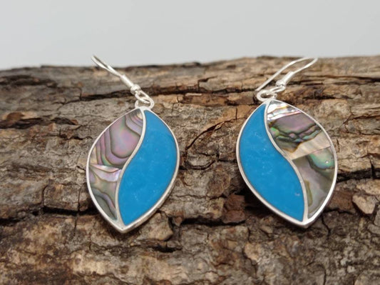 Teardrop abalone shell and blue enamel effect resin mexican  oval earrings,Silver plated hook earrings, geometric dangle  blue  earrings