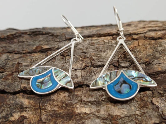 Art deco abalone shell and blue enamel effect resin mexican  daisy earrings,Silver plated hook earrings, geometric blue  earrings