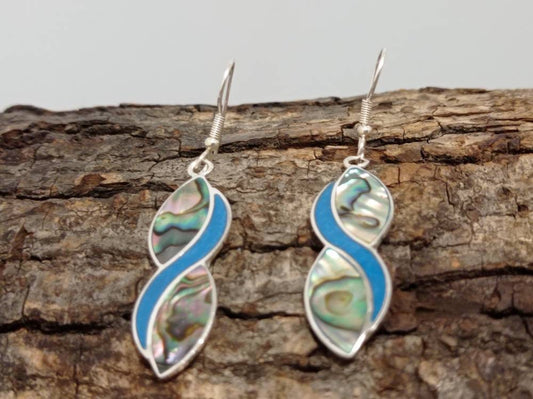 Mexican  abalone shell and light blue enamel effect resin infinite earrings,Silver plated hook earrings, geometric earrings