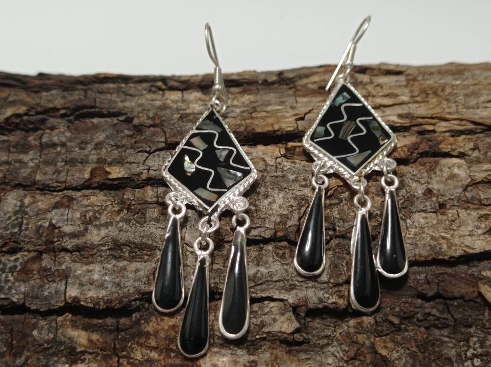 Abalone inlay black rhomb earrings, Mexican tassel earrings, Silver plated earrings, Hook earrings, geometric  chimal dangle black earrings,