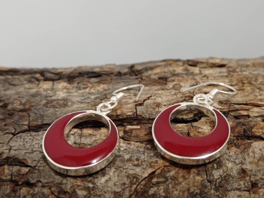 2 in 1 earrings,reversible hoop earrings,double sided earrings ,silver plated blue and red  earrings,2 color reversible hoop earrings