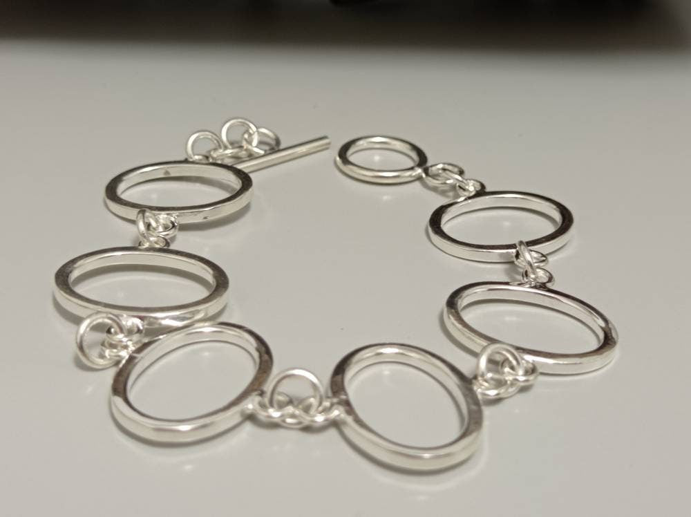 6 oval pieces  bracelet,silver plated geometric mexican  bracelet,oval link chain bracelet,t-bar bracelet, art deco statement bracelet,