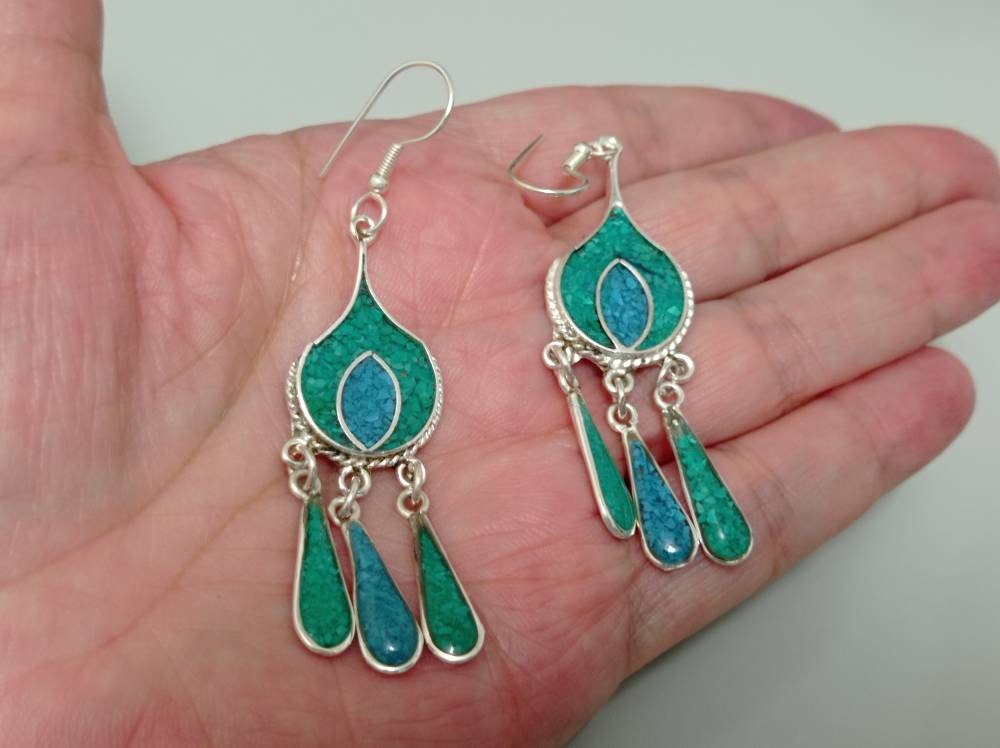 Turquoise and malachite dangle earrings, Mexican earrings, Silver plated earrings, Hook geometric earrings , Bohochic jewelry,