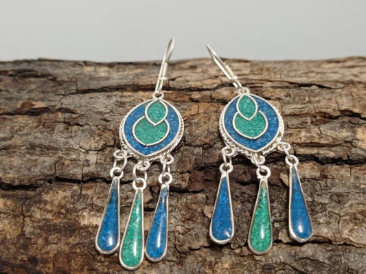 Crushed turquoise and malachite earrings, Mexican earrings, Silver plated earrings, Hook earrings, geometric Earrings, Bohochic jewelry,