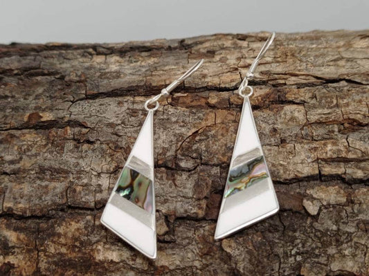 Art deco abalone inlay white triangle earrings, Mexican earrings, Silver plated earrings, chandelier  earrings, geometric jewelry