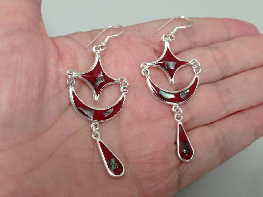 Moon and star abalone earrings, Mexican earrings, Silver plated earring, Hook red earrings,cosmic earrings,planet jewelry