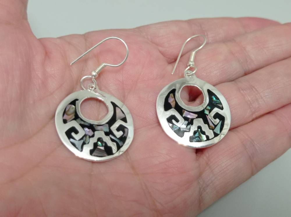 Mexican silver plated azteca hoop abalone earrings,black geometric jewelry,Bohochic jewelry, Ethnic earrings,aztec calendar design earrings