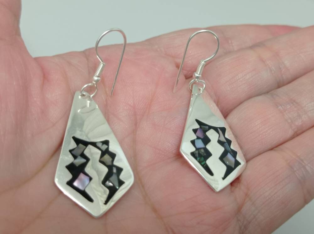 Mexican silver plated azteca  abalone inlay black  earrings,black geometric jewelry,Bohochic jewelry, Ethnic rhombus earrings