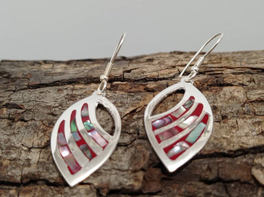 Handmade abalone inlay red enamel mexican earrings, Silver plated aztec earrings, oval earrings, geometric Bohochic jewelry,