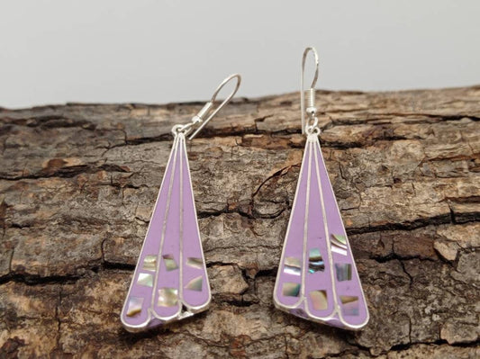 Purple fan earrings with abalone inlay, Mexican earrings, Silver plated earrings, Hook art deco earrings,mosaic earrings