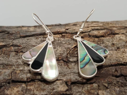 Art deco abalone and black enamel effect resin mexican fan earrings,Silver plated earrings, Hook earrings, geometric jewelry,azteca earrings