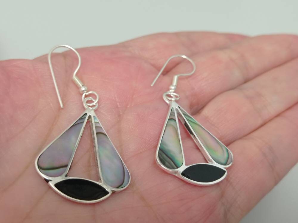 Art deco abalone and black enamel effect resin mexican earrings,Silver plated earrings,Hook earrings, geometric jewelry, azteca fan earrings