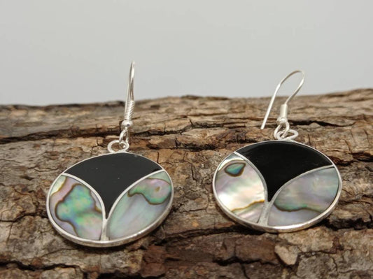 Art deco abalone and black enamel effect resin mexican earrings,Silver plated earrings, Hook tulip earrings, geometric  azteca earrings