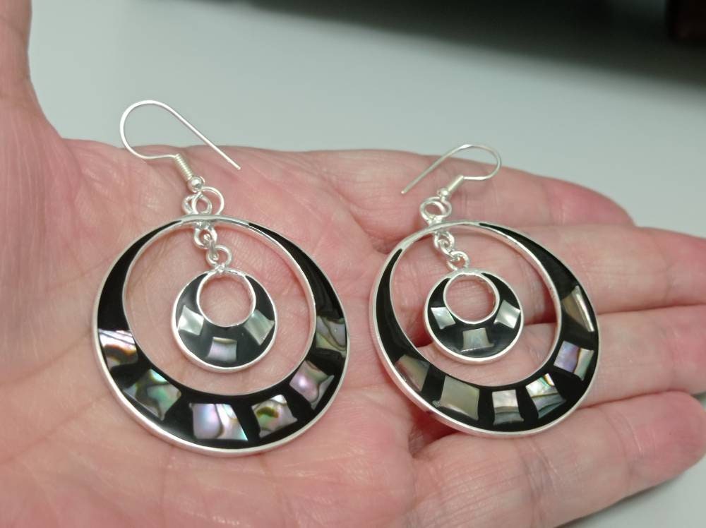 Abalone inlay with black enamel effect resin double  hoop earrings, Mexican earrings, Silver plated earrings ,geometric art deco earrings