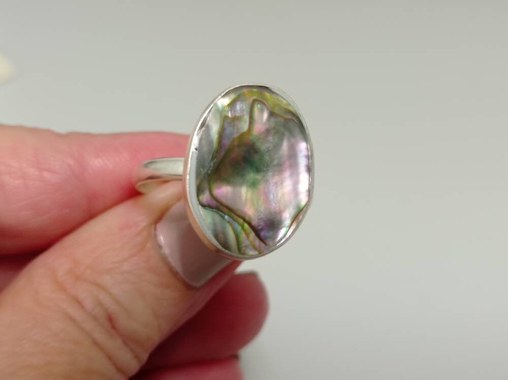 Oval abalone mexican ring ,Silver plated  ring,iridescent ring,geometric ring,mexican ring