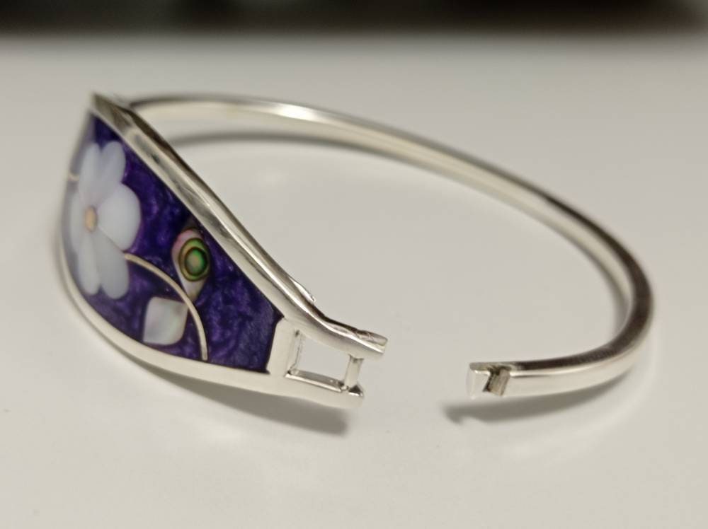 Mother of pearl flower  bangle,mexican silver plated bracelet, purple hinge bracelet, geometric abalone bracelet, Ethnic enamel bar bracelet