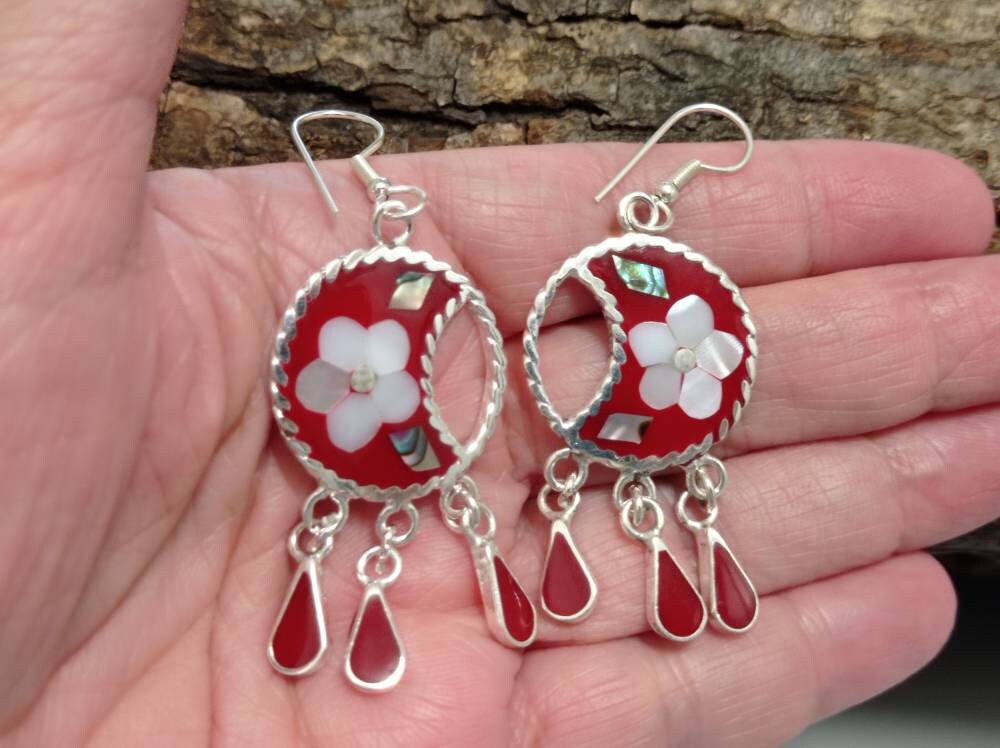 Red earrings with  Mother of Pearl flower inlay ,circle  abalone  mexican chimal  earrings ,dangle hook daisy earrings,moon tassel earrings,